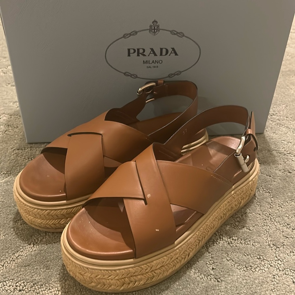 Prada cognac crossover slingback espadrilles sandals size 7